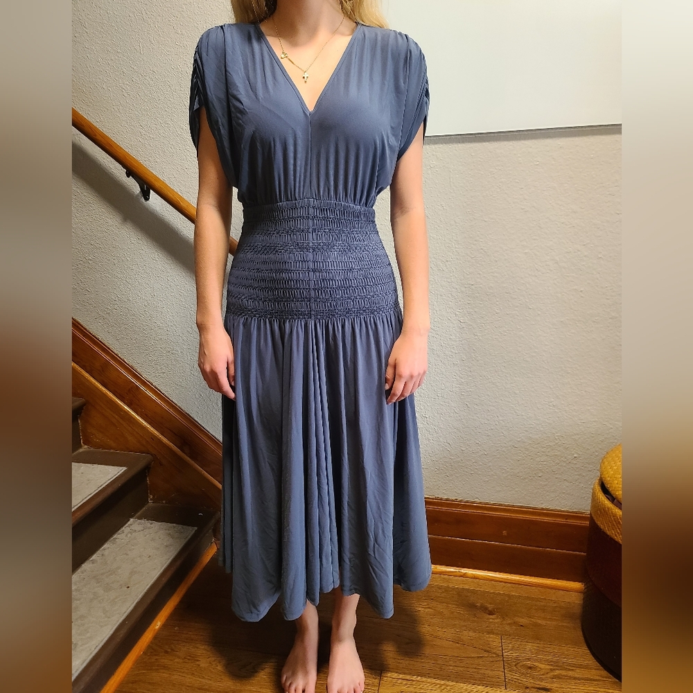 WHBM, true indigo smocked waist midi dress.